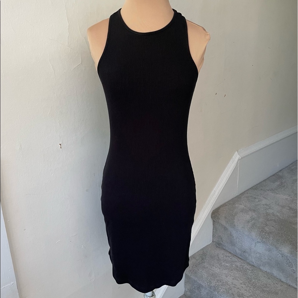 MONROW Black Cotton Blend Racerback Curved Hem Rib Racer Tank Dress EUC Size XS